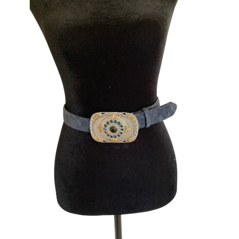 Chicos Womens Blue Suede Leather Belt Decorative Rhinestone Western Buckle S‎ M